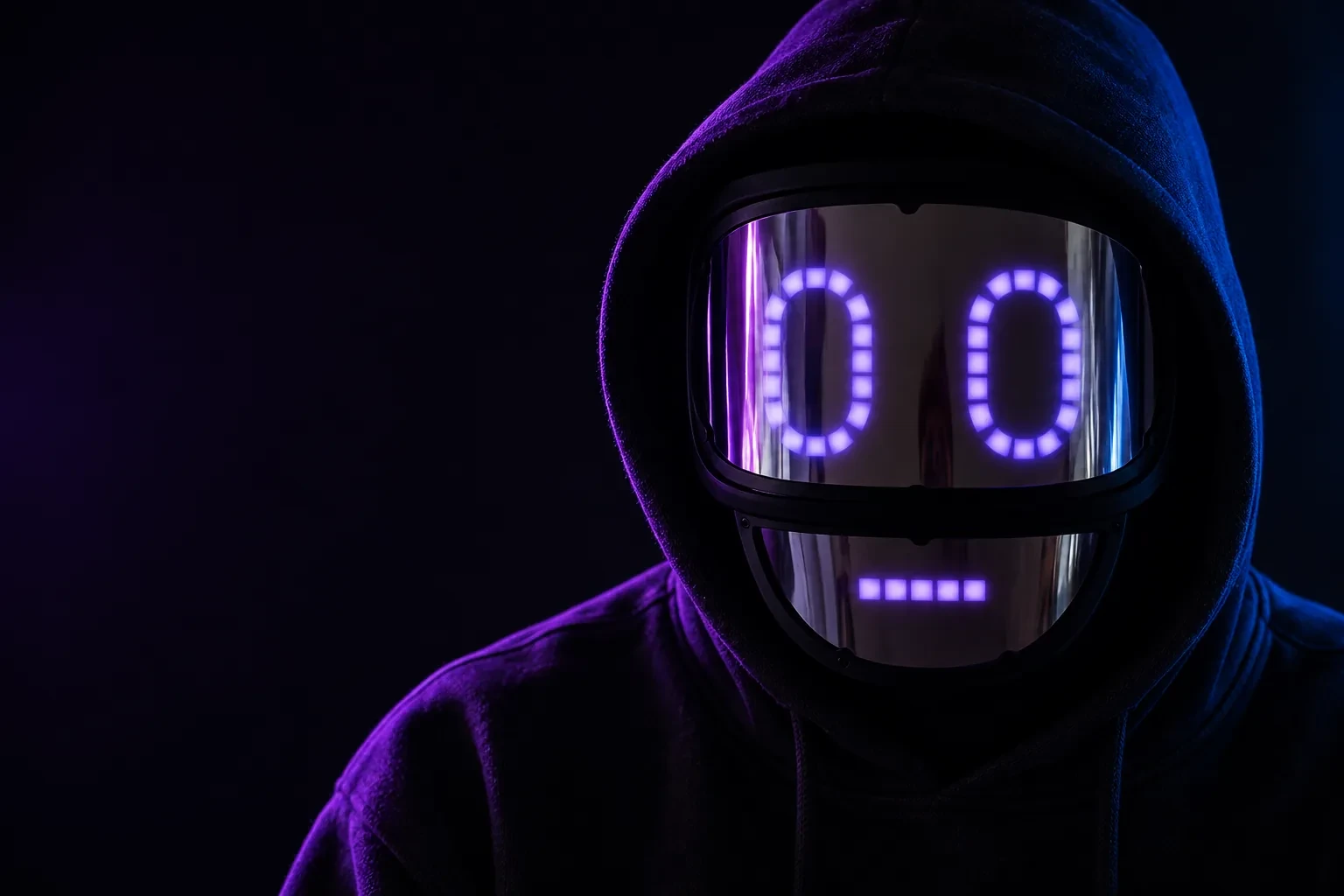 Concept artwork of a hooded figure wearing a Qudi 2-style reflective two-panel mask with pixel expressions, lit by violet and blue light