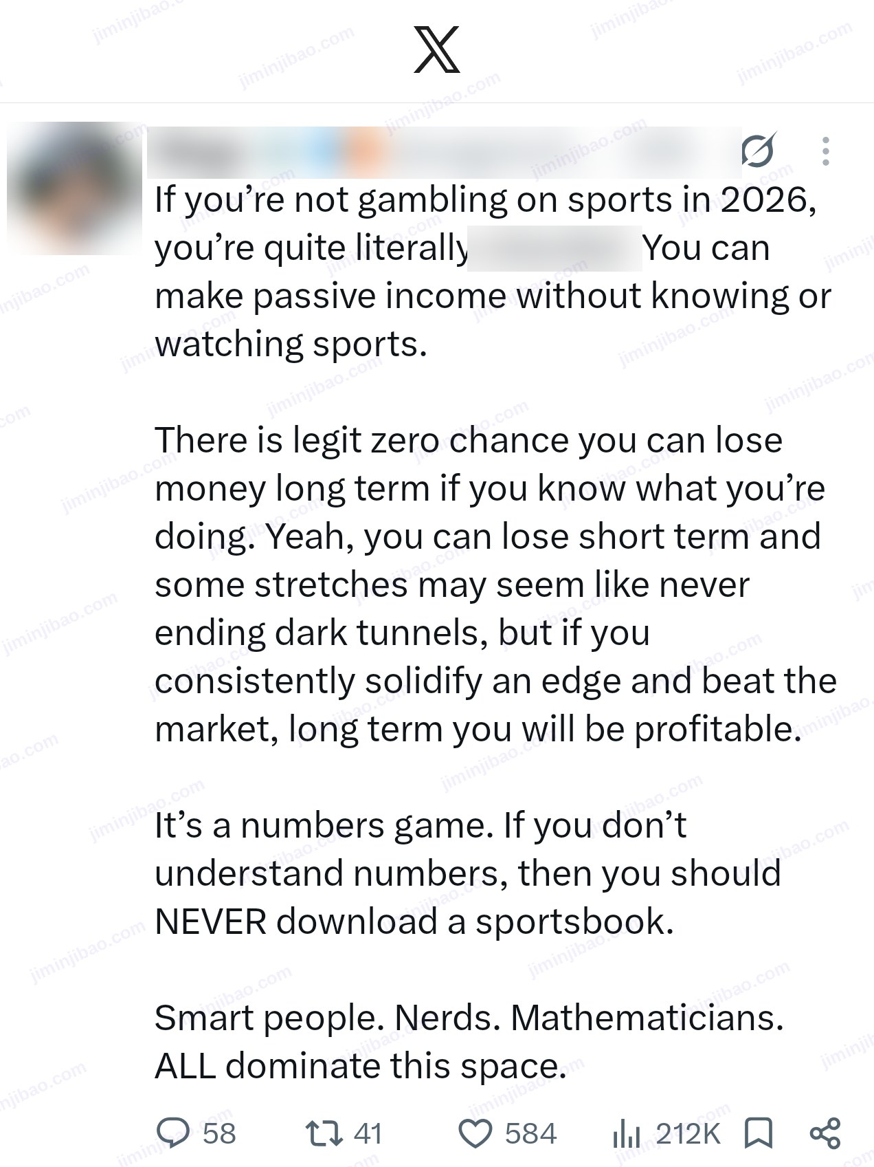 A post on X saying there is zero chance you can lose money long term betting on sports if you know what you are doing, and that smart people dominate